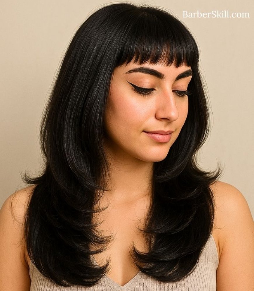A beautiful woman having Butterfly Cut with Baby Bangs hairstyle