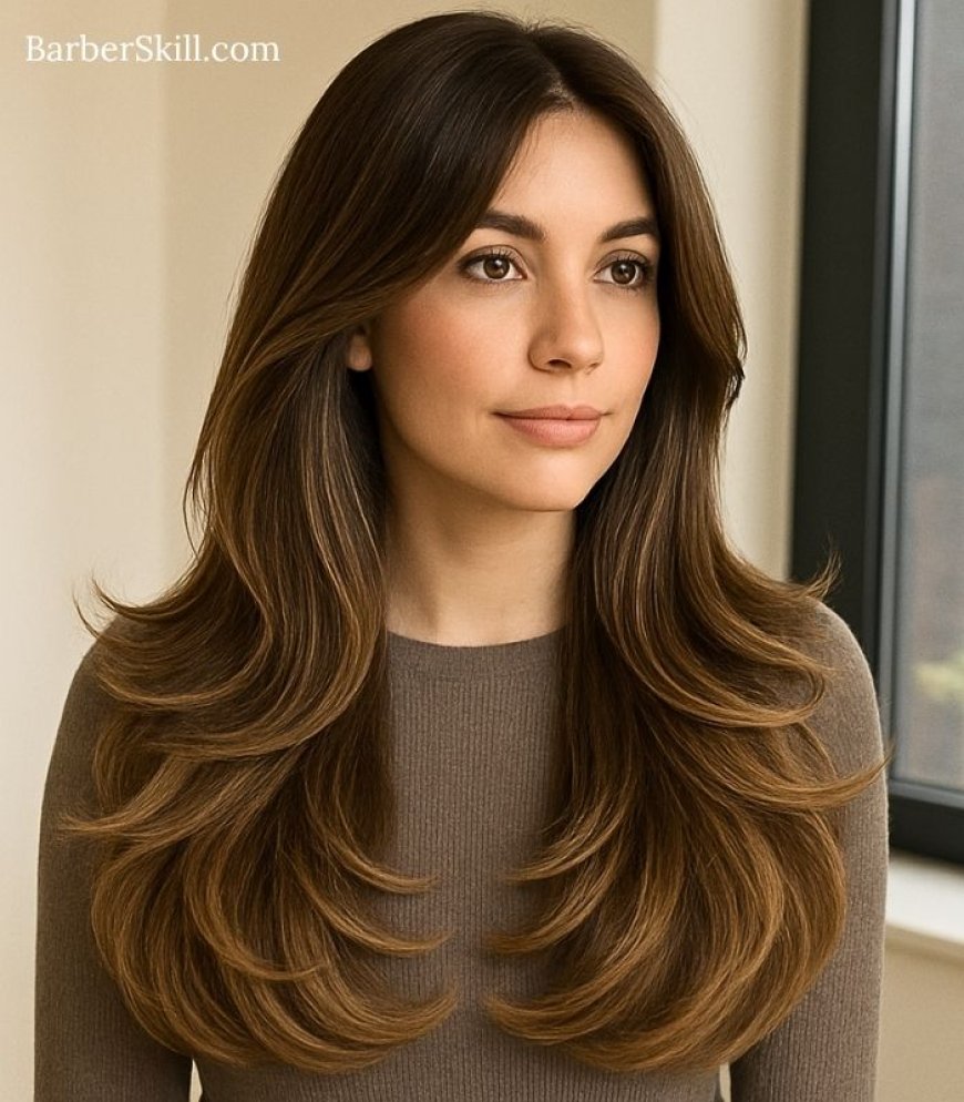 A beautiful woman having Butterfly Haircut with Balayage