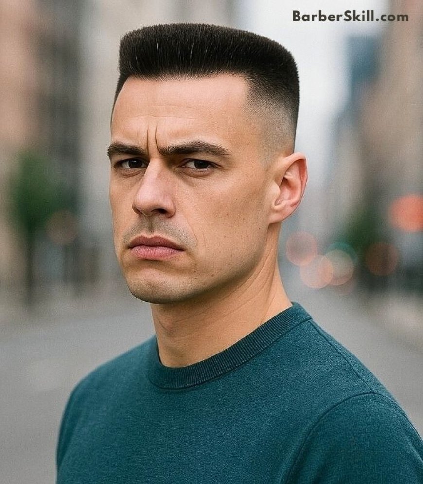 A handsome man having 16 Guard Flat Top Haircut