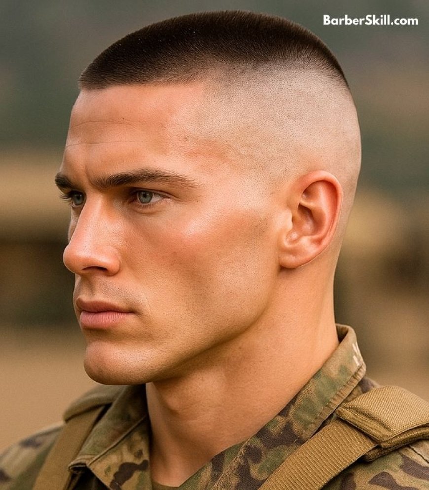 Military haircuts: A military soldier having High and Tight hairstyle