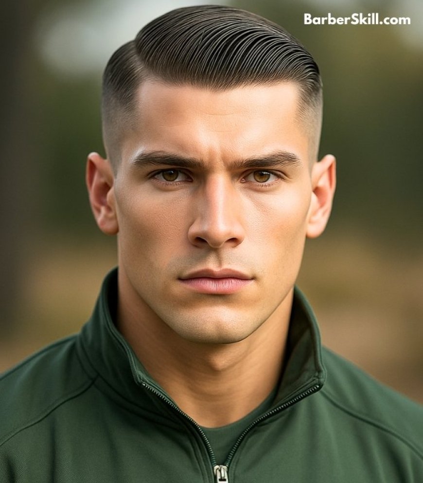 Military haircuts: A military soldier having Regulation Cut hairstyle